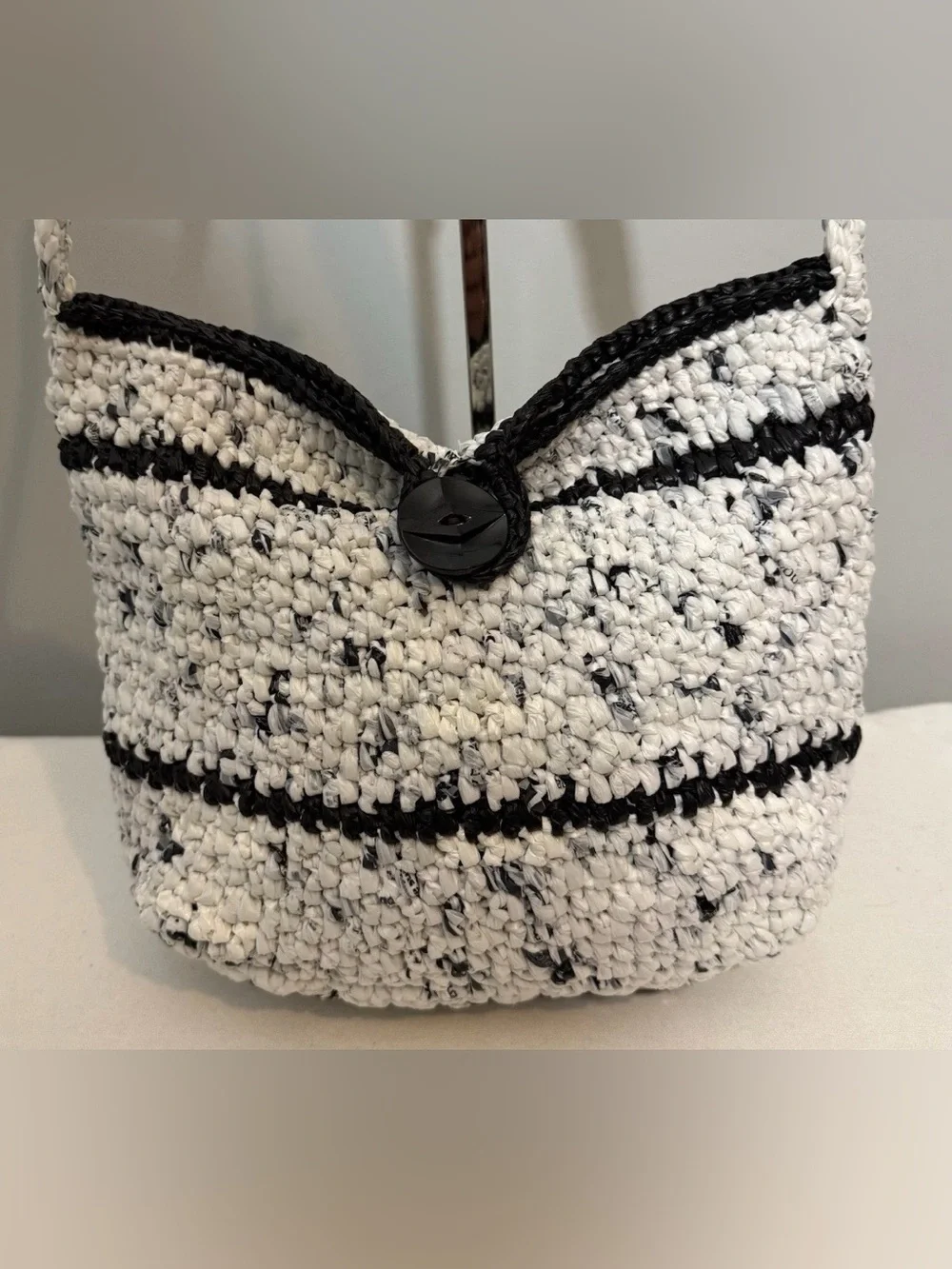 Crochet Hobo Bag Black White Stripe Boho Knit Shoulder Purse